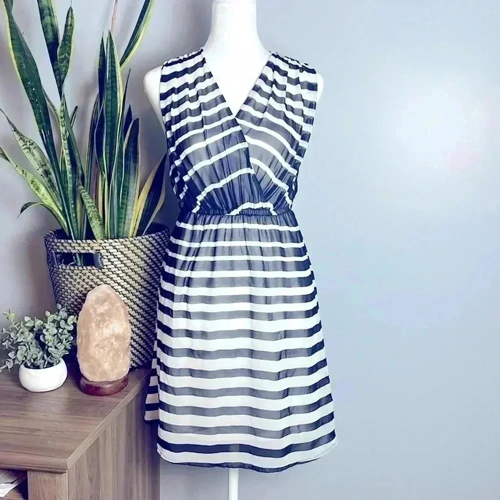 Navy Blue & White Striped V-Neck Day Dress Like New!